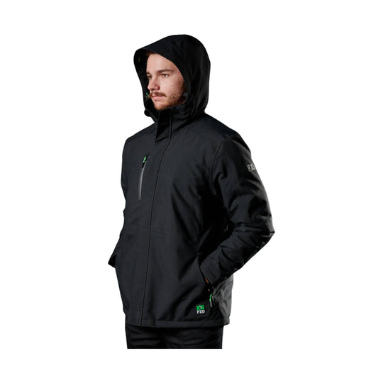 Black hooded zip-up jacket with chest pocket, sleeve logo, and front hem patch.