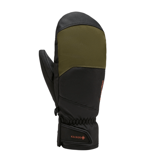 Black and olive insulated mitten with long gauntlet cuff and orange Gore-Tex logo
