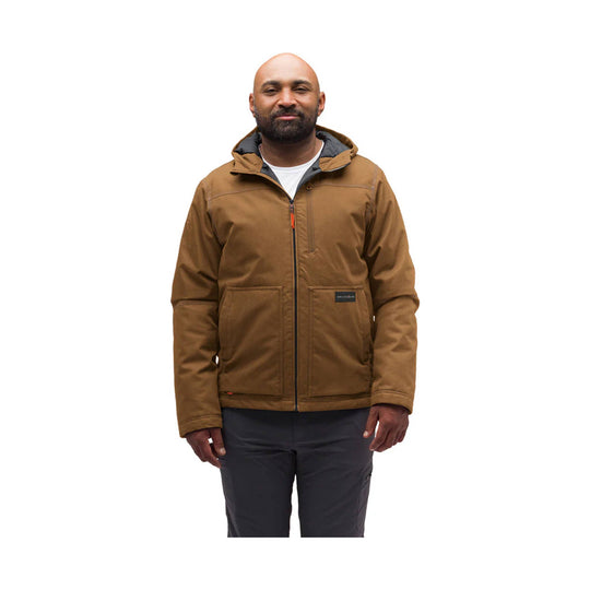 Brown hooded insulated jacket with black front zipper, two large front pockets, and a small chest logo patch