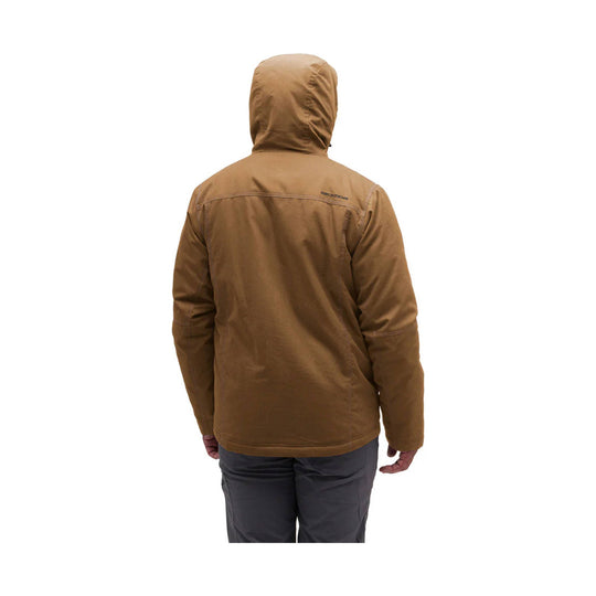 Brown hooded insulated jacket shown from the back