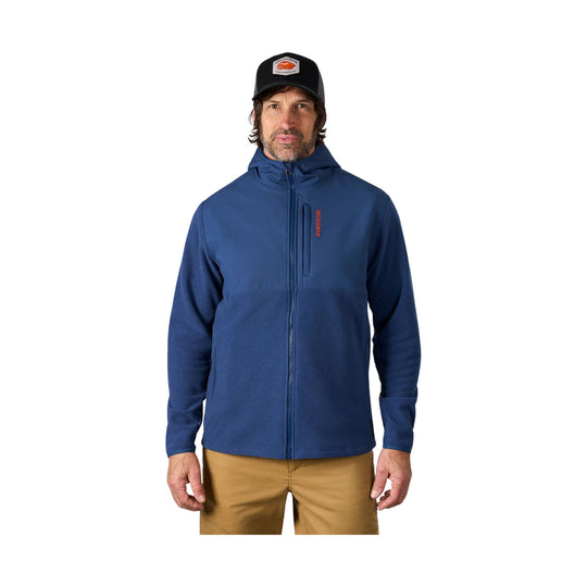 Blue full-zip hooded fleece jacket with a chest pocket