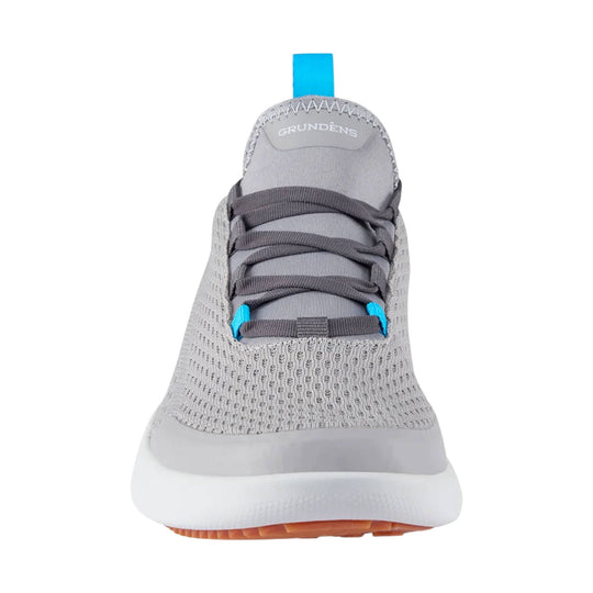 Gray knit boat shoe with dark laces, bright blue pull tab, and white sole