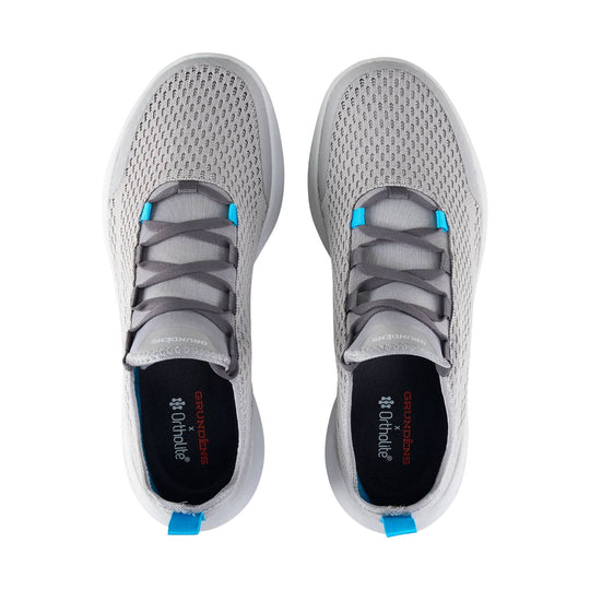 Pair of gray knit boat shoes with elastic laces and blue pull tabs, shown from above