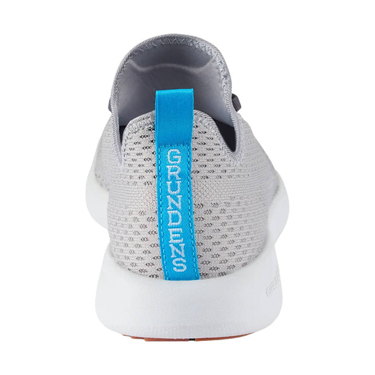 Gray mesh boat shoe with a blue heel pull tab and white sole, shown from the back
