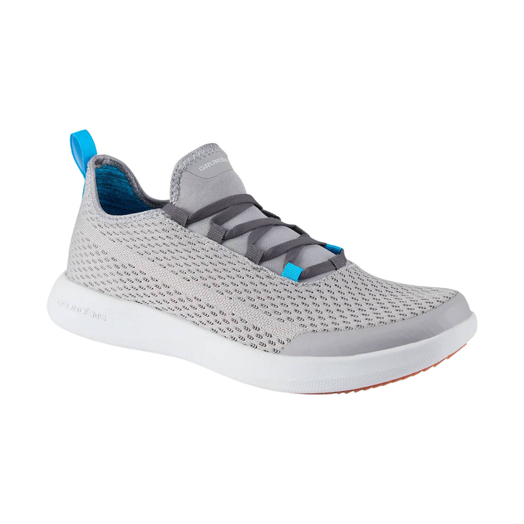 Light gray slip-on boat shoe with dark gray elastic laces, blue heel pull tab, and white sole