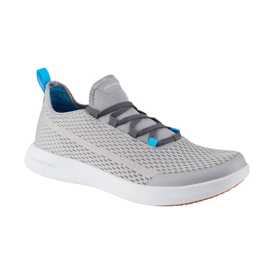 Light gray slip-on boat shoe with dark gray elastic laces, blue heel pull tab, and white sole