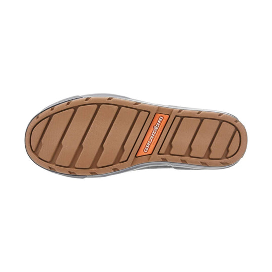 Tan boot sole with deep tread and a GRUNDENS logo insert