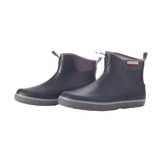 Pair of dark ankle rain boots with pull tabs and light gray soles