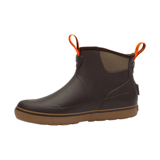 Brown ankle boot with tan sole and orange pull tabs