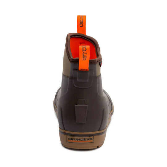 Brown ankle boot with orange pull tabs and tan sole, shown from the back