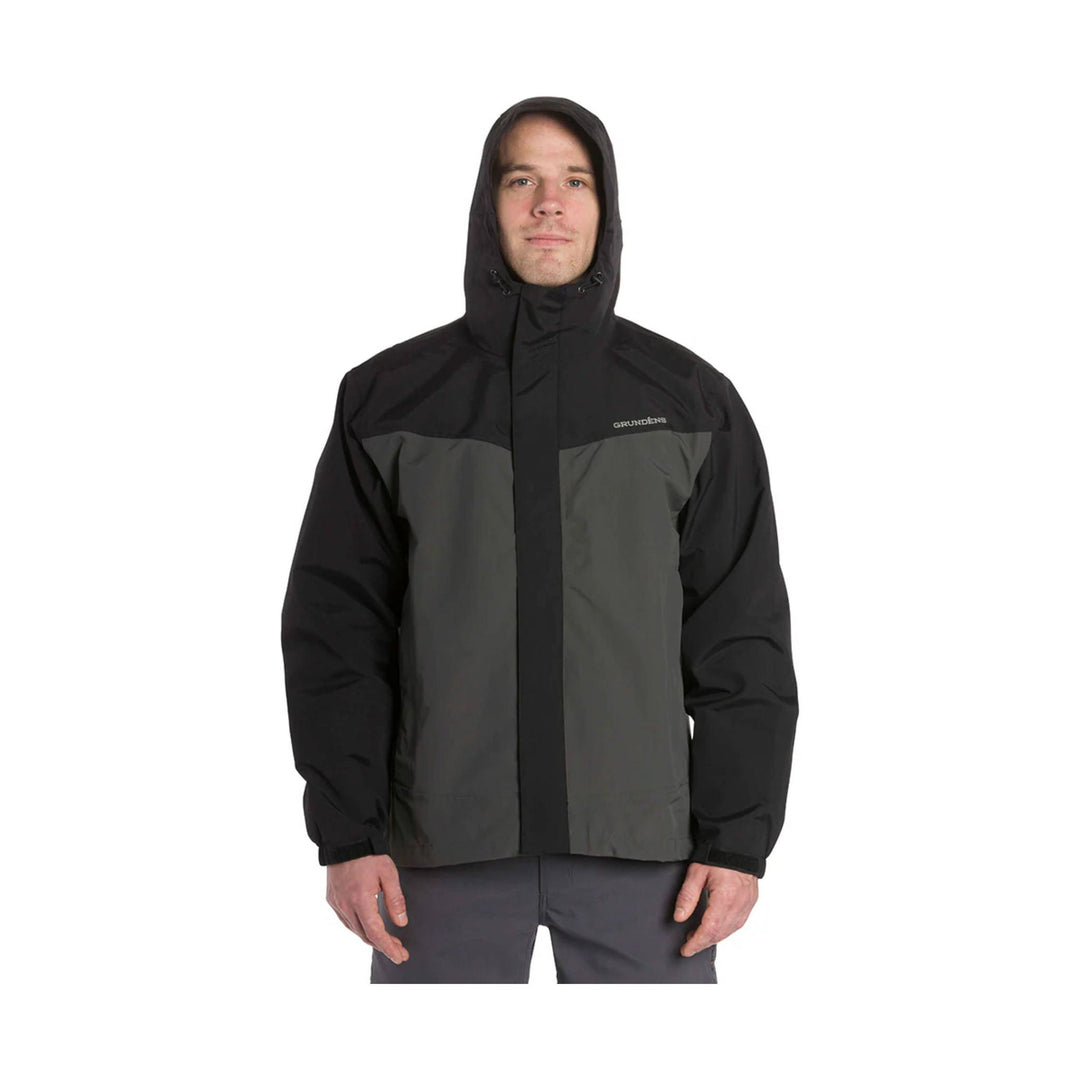 Black and dark gray hooded waterproof jacket with front zipper and chest logo