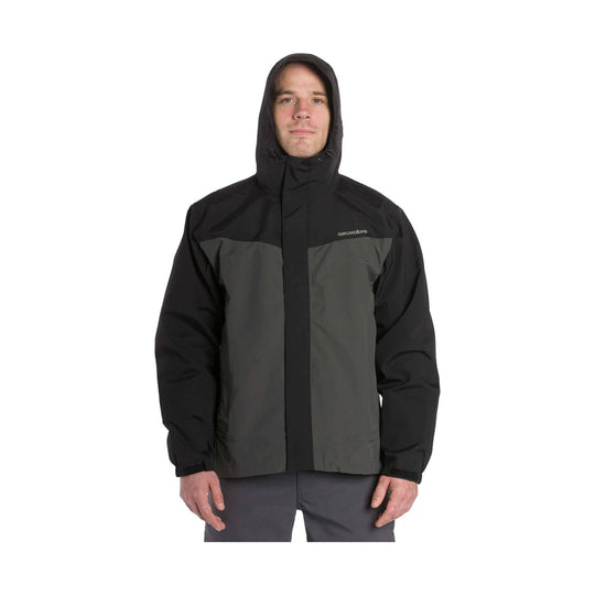 Black and dark gray hooded waterproof jacket with front zipper and chest logo