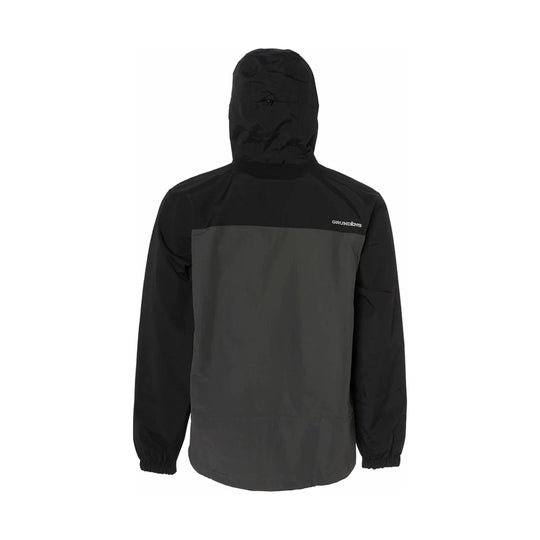 Black and dark gray hooded jacket shown from the back with a small "GRUNDENS" logo on the upper right.