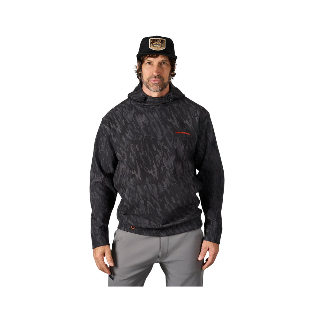 Black camo hooded pullover with front pocket and GRUNDENS logo on chest and hat