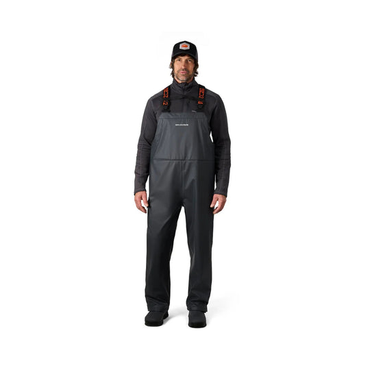 Black bib overalls with shoulder straps over a black long-sleeve top, front view on a white background