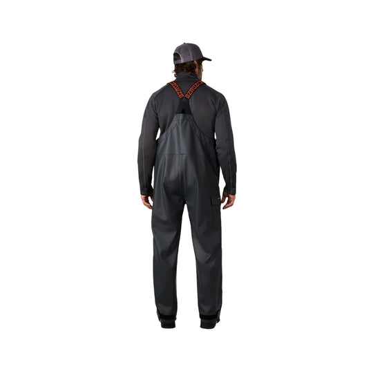 Black waterproof bib overalls shown from the back, with orange branded shoulder straps