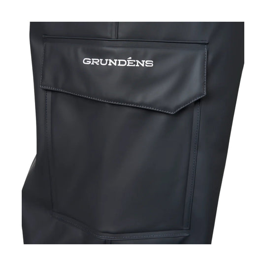 Black waterproof bib pocket with flap and visible GRUNDENS logo