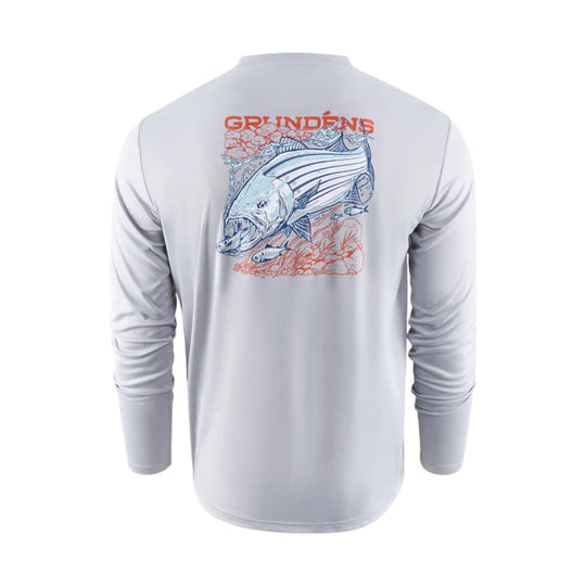 Light gray long-sleeve fishing shirt shown from the back with a large striped bass graphic and text across the shoulders