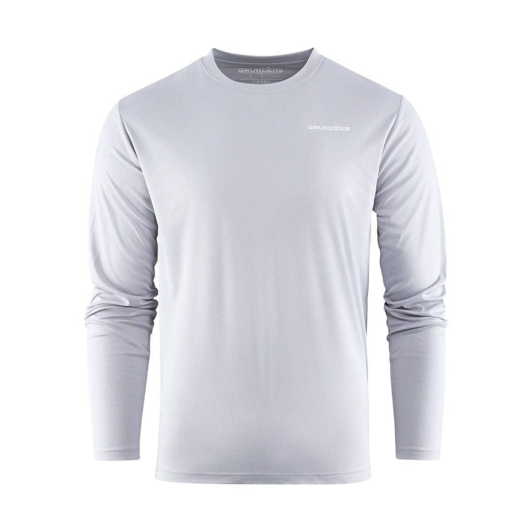 Light gray long-sleeve performance shirt with small chest logo