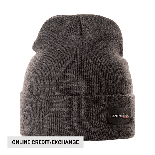 Dark knit cuffed beanie with a front logo patch and online credit/exchange banner