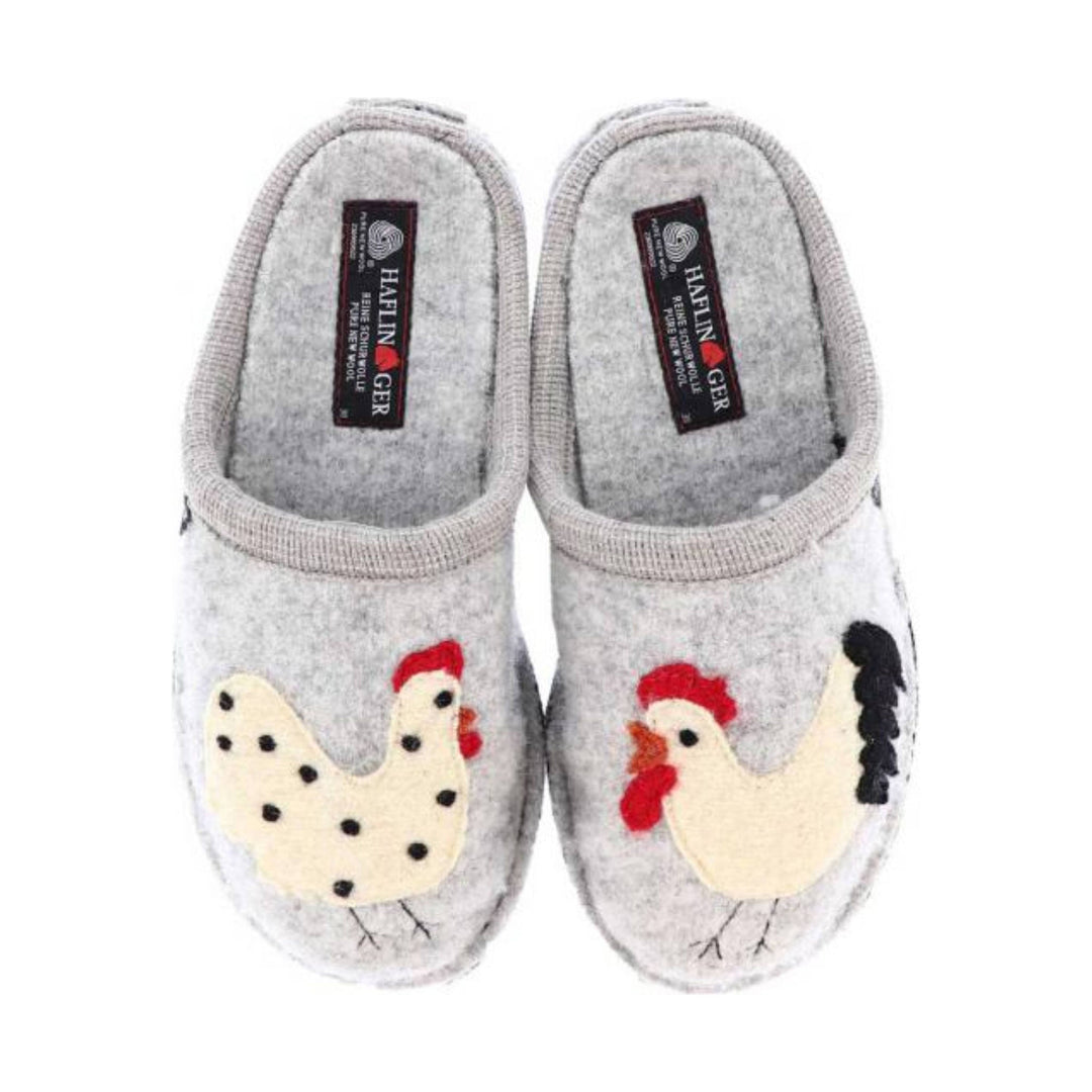 Gray felt slipper pair with rooster appliques on the toes and fleece trim around the openings
