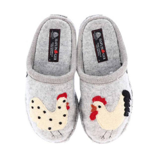 Gray felt slipper pair with rooster appliques on the toes and fleece trim around the openings