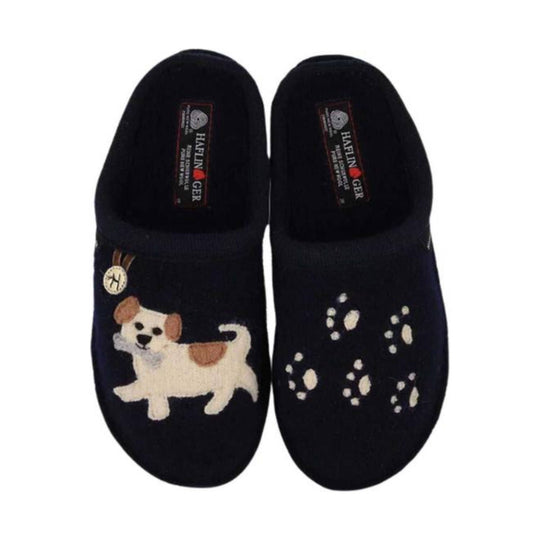 Pair of black felt slip-on slippers with a dog design and paw prints