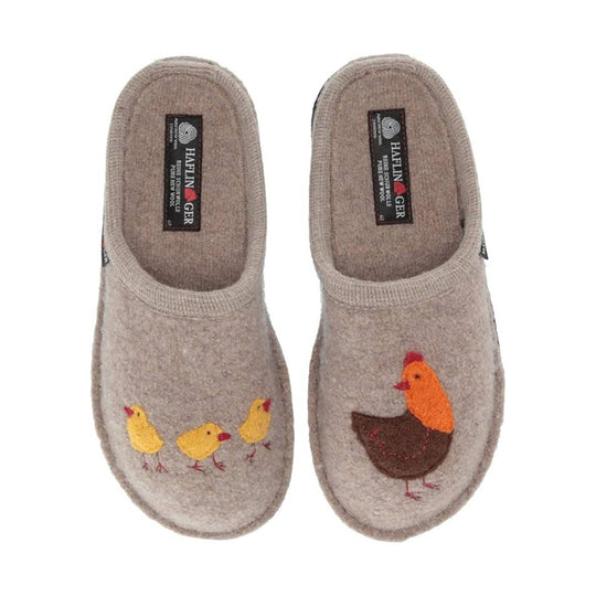 Pair of gray felt slippers with chicken embroidery on the toes