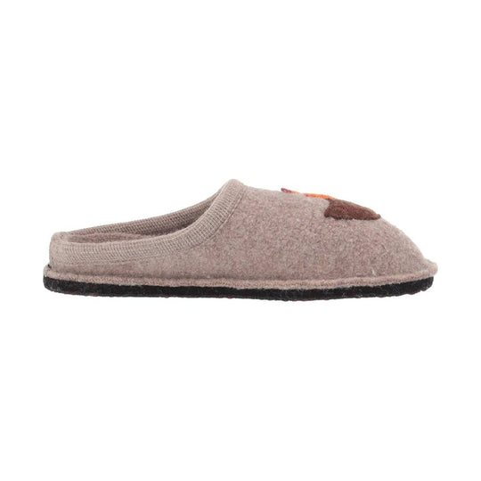Taupe felt clog slipper with a brown animal patch on the upper and dark sole