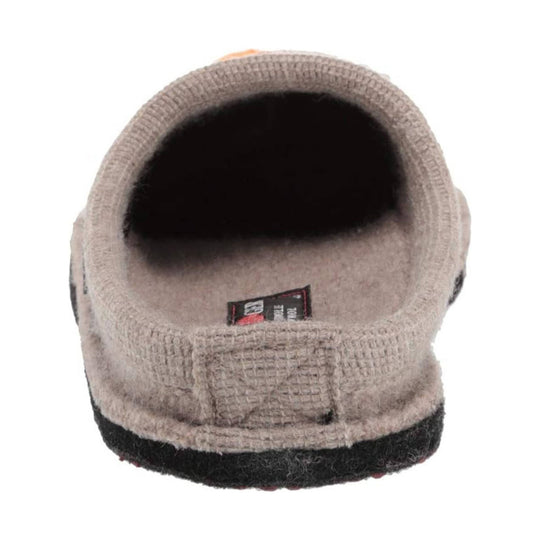 Beige felt slip-on slipper with a ribbed cuff, leather heel tab, and black rubber sole