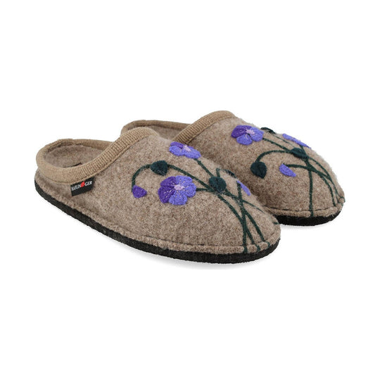 Felt slip-on slippers with purple floral embroidery and dark soles