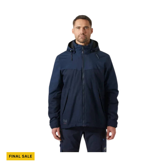 Navy hooded insulated jacket with front zipper and zippered pockets, with a FINAL SALE label