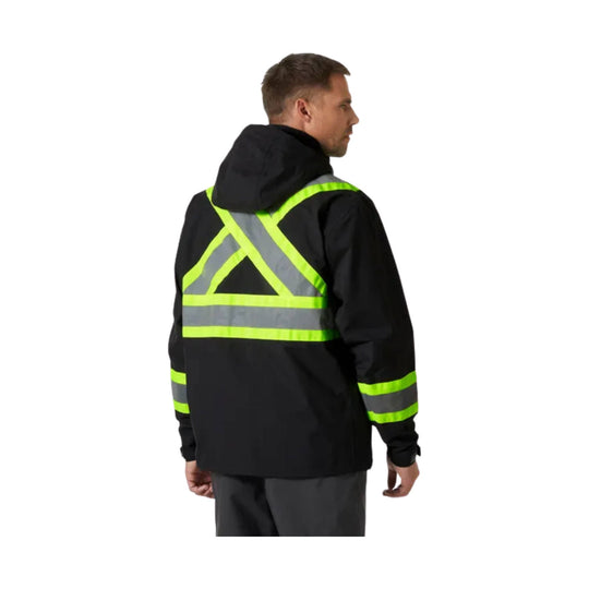 Black hi-vis waterproof jacket shown from the back, with reflective yellow and gray X-shaped striping.