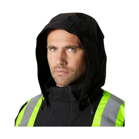 Black hooded hi-vis waterproof jacket with neon yellow reflective stripes