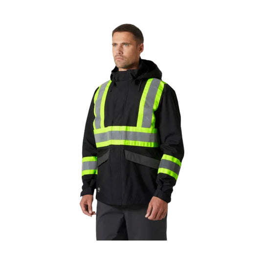 Black hooded hi-vis work jacket with neon yellow and gray reflective stripes