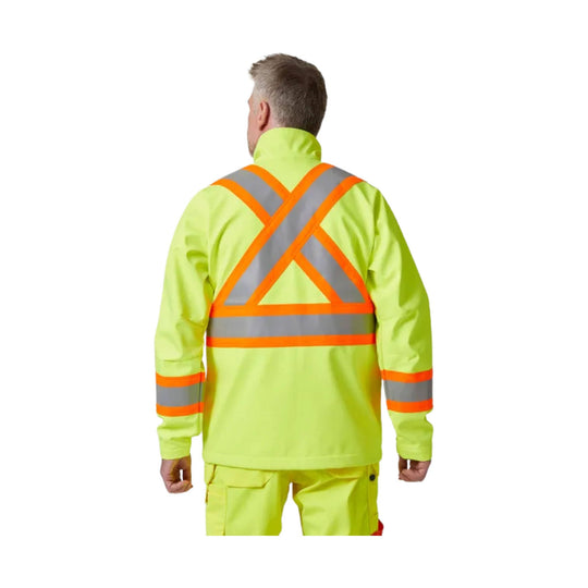 Hi-vis yellow safety jacket with reflective orange and gray X-shaped back stripes