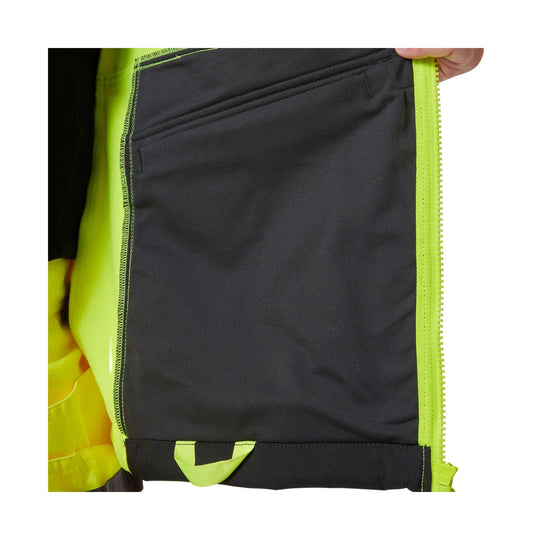 Black-and-neon yellow jacket interior with a zippered pocket and green pull tab