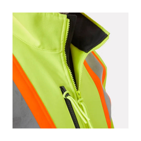 Hi-vis yellow softshell jacket with orange reflective trim and zippered collar