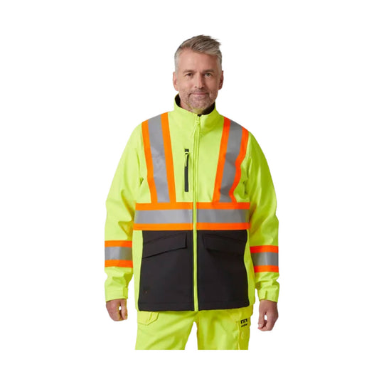 High-visibility yellow jacket with orange and silver reflective stripes and black lower pockets