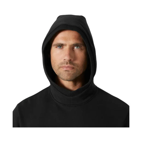 Black hooded sweatshirt with a front pouch pocket, shown on a white background