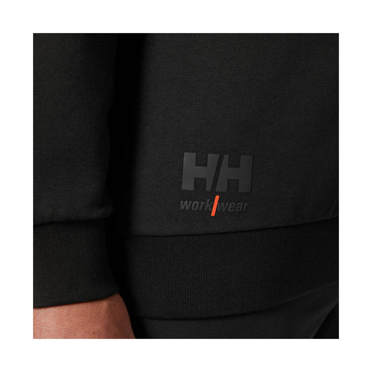 Black sweatshirt sleeve with HH Workwear logo and orange slash