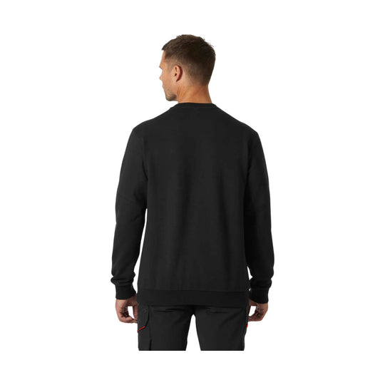 Black long-sleeve crewneck sweatshirt shown from the back on a male model