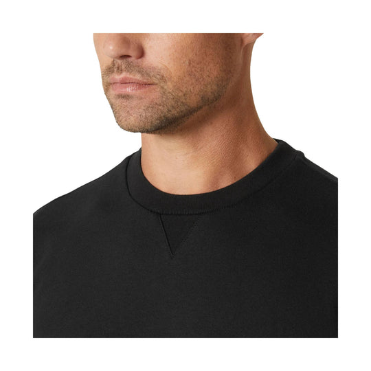Black crewneck sweatshirt with ribbed collar and V-notch detail