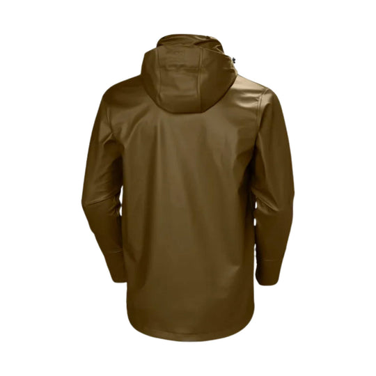Brown hooded rain jacket shown from the back