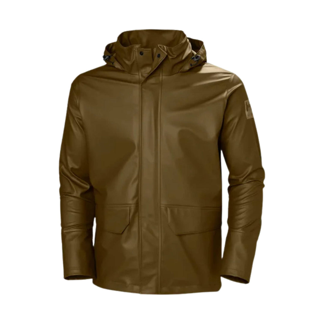 Brown hooded rain jacket with front zipper, flap pockets, and long sleeves