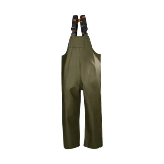 Olive waterproof bib overalls with black branded suspenders