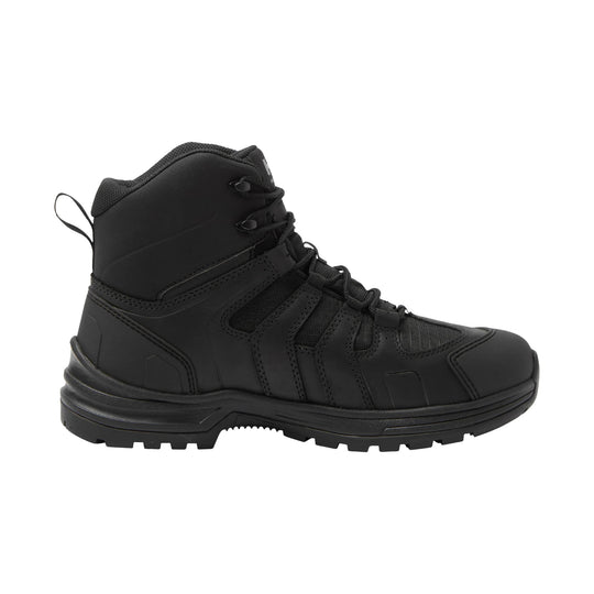 Black mid-height hiking work boot with padded collar, lace-up front, and rugged tread sole