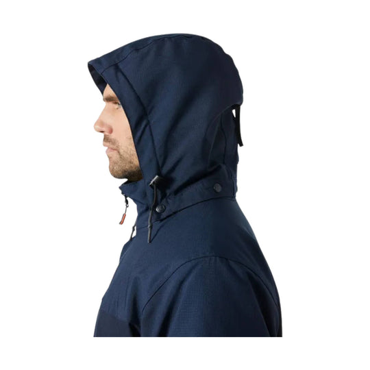 Navy hooded winter jacket shown in side profile