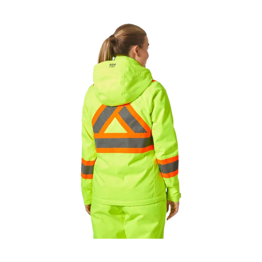 Neon yellow hi-vis jacket with reflective orange and gray chevron stripes on the back, shown from behind