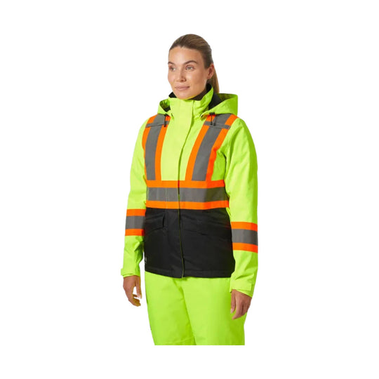 Neon yellow high-visibility winter jacket with reflective orange and gray stripes and black lower panels